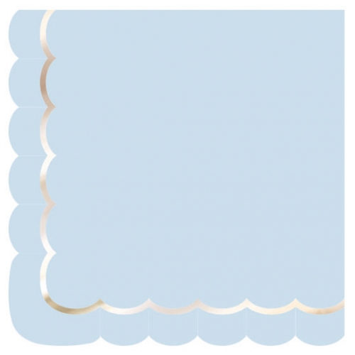 16 Serviettes Festonnées Bleu Pastel et Or 