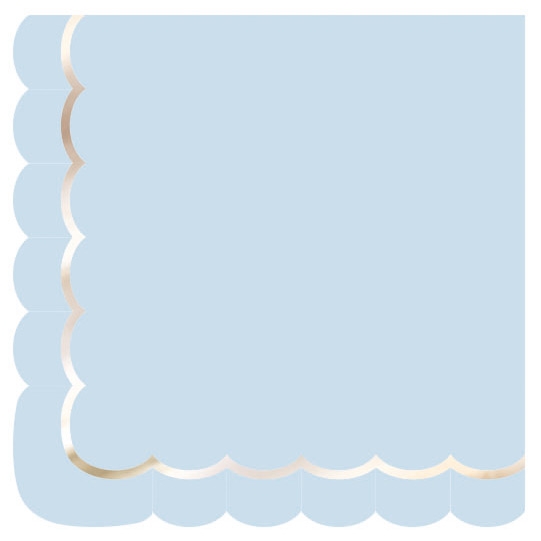 16 Serviettes Festonnes Bleu Pastel et Or 