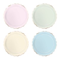 8 Assiettes Festonnes Pastel Assortis et Or