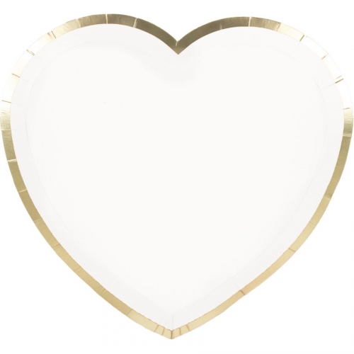 8 Assiettes Coeur Festonnes Blanc et Or 