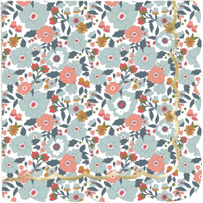 16 Serviettes Festonnées Fleurs et Or 
