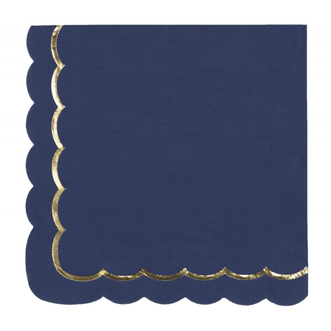 16 Serviettes Festonne Bleu Marine / Or 