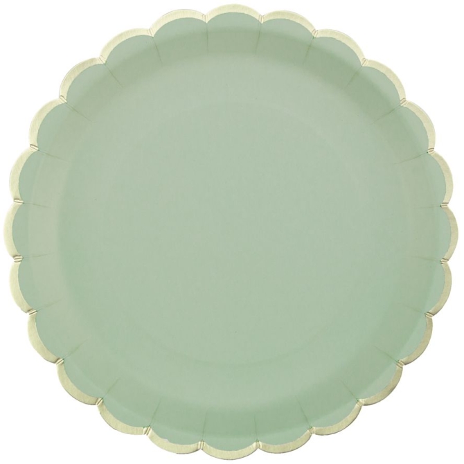 8 Assiettes Festonnes Vert Sauge et Or 