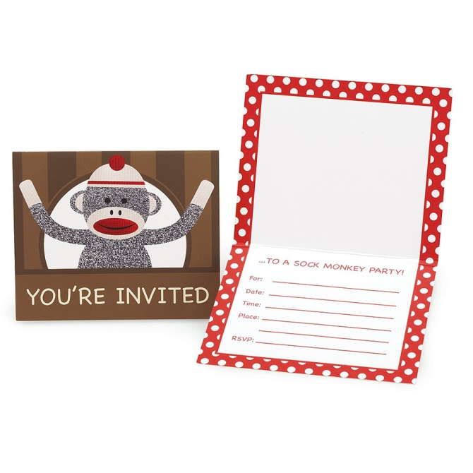 8 Invitations Sock Monkey 