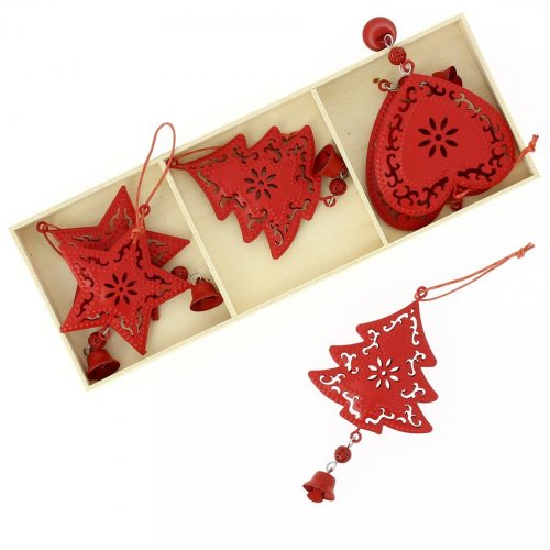 6 Suspensions Coeur/Etoile/Sapin Rouge (6 cm) - Mtal 
