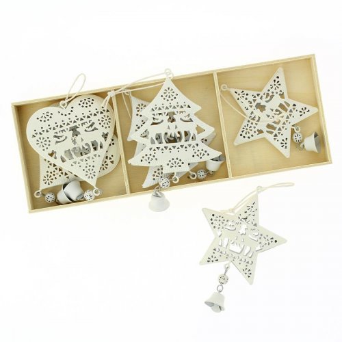 6 Suspensions Coeur/Etoile/Sapin Blanc (6 cm) - Mtal 