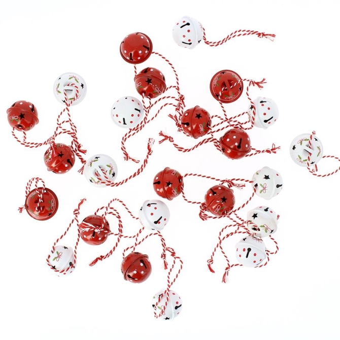24 Minis Boules Grelots rouge et Blanc (2, 5 cm) - Mtal 