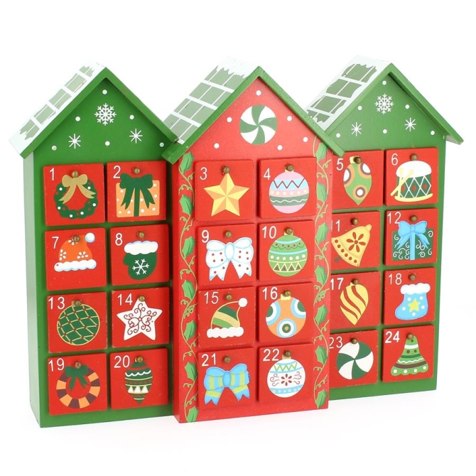 Calendrier de l Avent 3 Maisons Rouge (24 cm) - Bois 