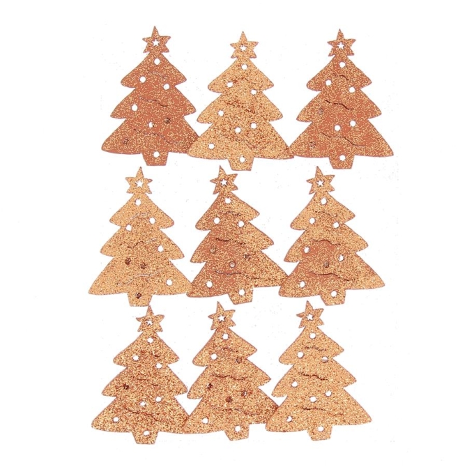 9 Stickers Sapins Glitter Orange (4 cm) - Bois 