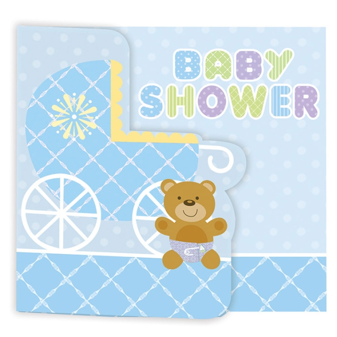 8 Invitations Baby Teddy Bleu 