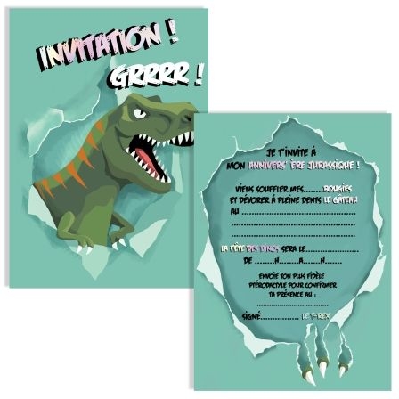 8 Invitations et 8 Enveloppes - Dinosaure Jurassique 
