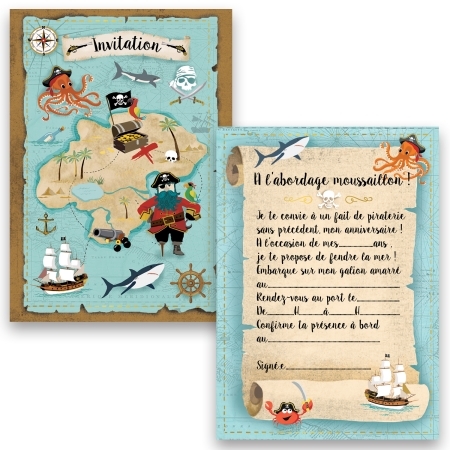 8 Invitations et 8 Enveloppes - Pirates 