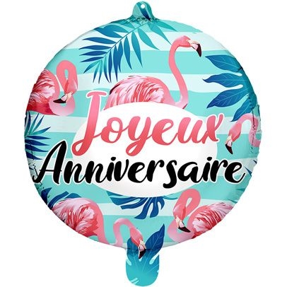 Ballon  Plat Joyeux Anniversaire Flamant Rose 