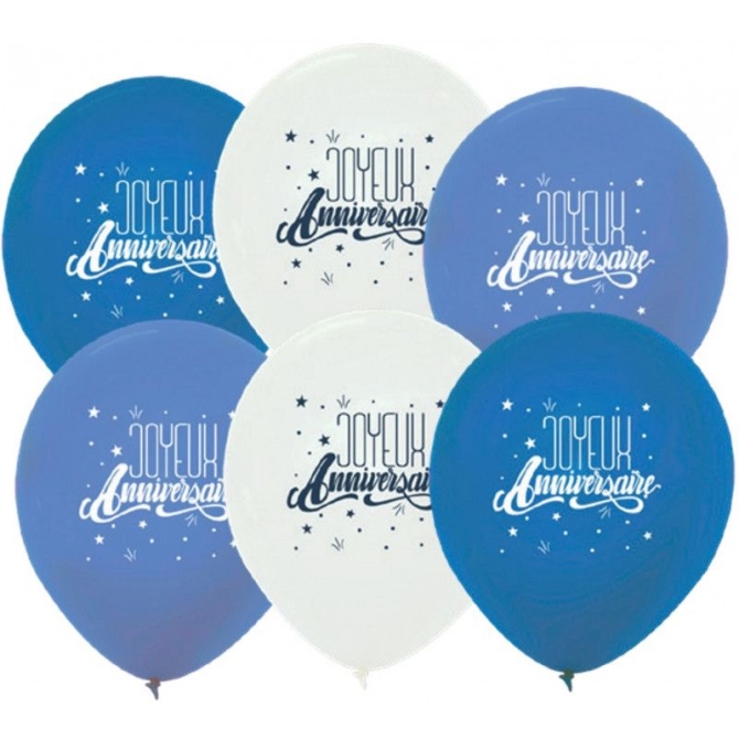 6 Ballons Joyeux Anniversaire - Bleu / Blanc 