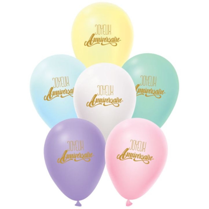 6 Ballons Joyeux Anniversaire - Pastel 