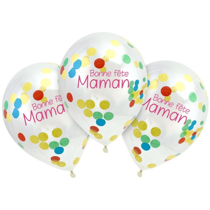 3 Ballons Transparents Confettis Multicolores - Bonne Fte Maman 