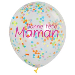 3 Ballons Transparents Confettis Multicolores - Bonne Fête Maman. n°1