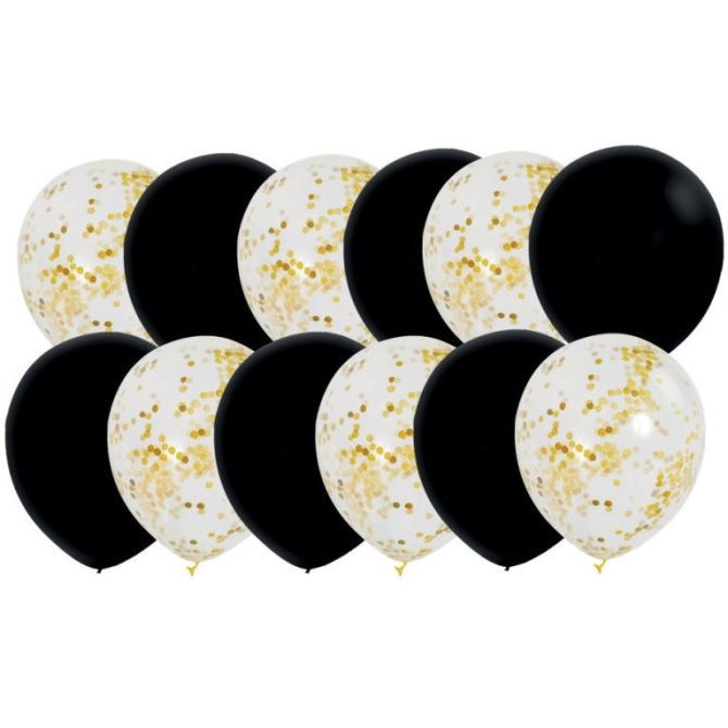12 Ballons Mix Noir & Transparents Confettis Or  30 cm 