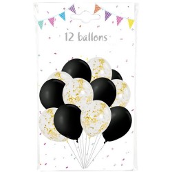 12 Ballons Mix Noir & Transparents Confettis Or  30 cm. n1