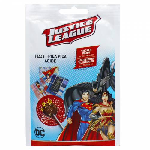 1 Sucette et Poudre Pétillante Justice League + Sticker 