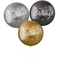 3 Ballons XL Happy Birthday Noir/Argent/Or Ø 48 cm
