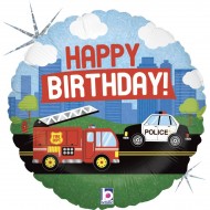 Ballon à Plat Happy Birthday Pompier/Police Holographique - 46 cm