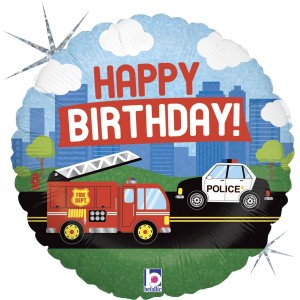 Ballon Happy Birthday Pompier/Police Holographique