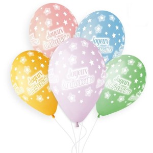 5 Ballons Joyeux Anniversaire Pastel 33cm