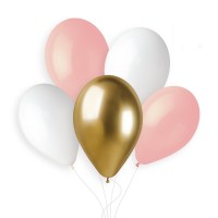 5 Ballons Rose/Blanc/Or 33cm