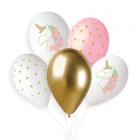 5 Ballons Licorne Rose/Blanc/Or 33cm