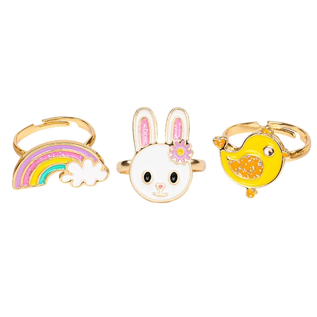 Set 3 Bagues Lapin / Poussin / Arc-en-ciel 