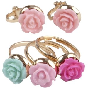 Set 3 Bagues et 1 Paire de Boucles d'Oreilles Clip Rose