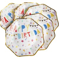 Contient : 1 x 8 Petites Assiettes Happy Birthday