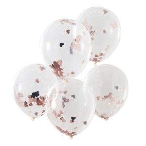 5 Ballons Confettis - Coeurs Rose Gold