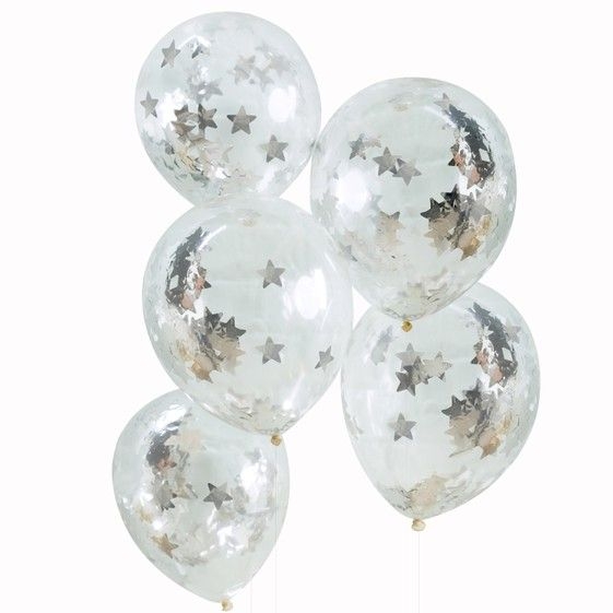 5 Ballons Confettis Etoiles - Argent 