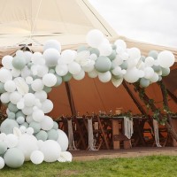 Kit Arche de 200 Ballons Sauge & Blanc avec Eventails Blancs