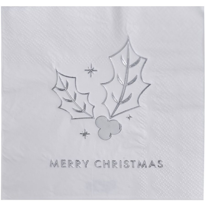 16 Serviettes Merry-Christmas Houx - Argentes 