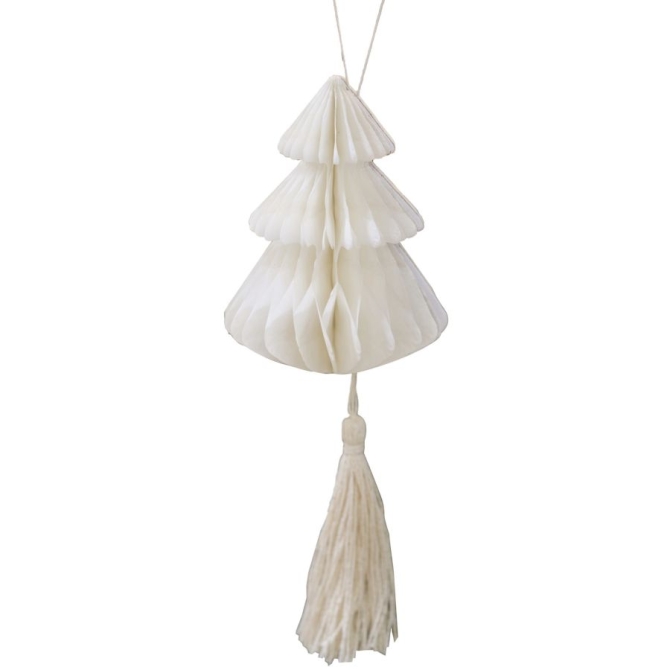 4 Sapins de Noël Blanc avec Pompons à Supsendre - en Nid d Abeille 