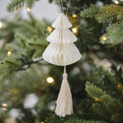 4 Sapins de Noël Blanc avec Pompons à Supsendre - en Nid d Abeille. n°2
