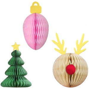 Set de 3 Décorations Papier Cadeau de Noël en Nid d'Abeille et Papier de Soie