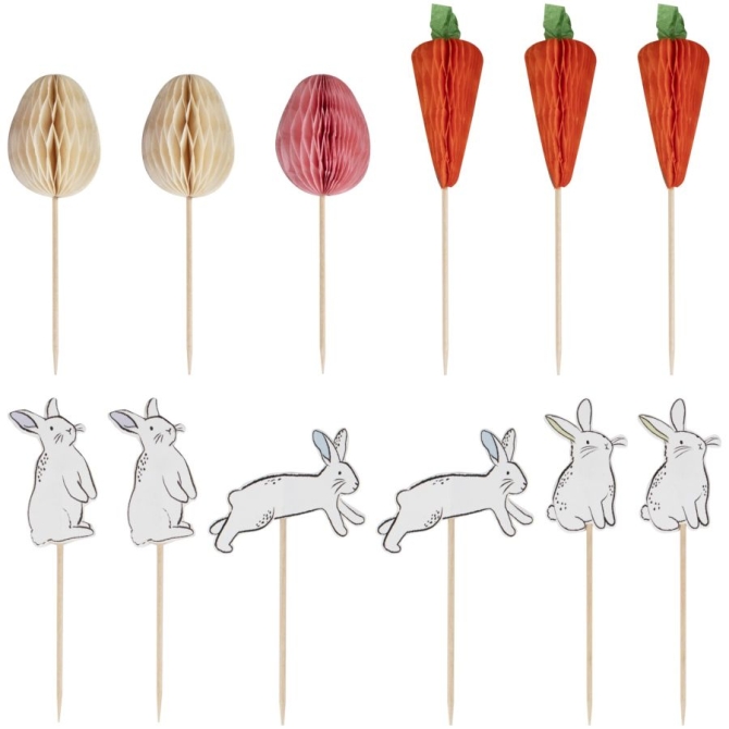 12 Cake Toppers Lapin,  carotte et Oeuf de Pques 