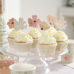 12 Cupcakes Toppers Hello Baby Floral. n1
