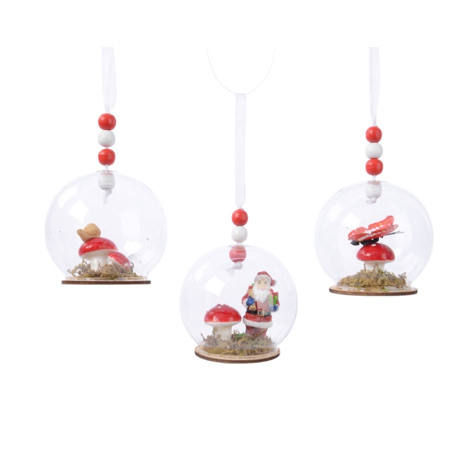 3 Boules de Nol Bulle Champignon (8 cm) - Verre / Bois 