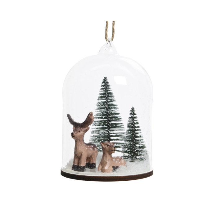 Grande Suspension Cloche  Neige Renne et Faon (12, 5 cm) - Verre / Bois 