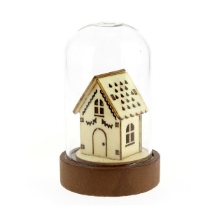 Petite Cloche Lumineuse Maison basse (9 cm) - Verre/Bois