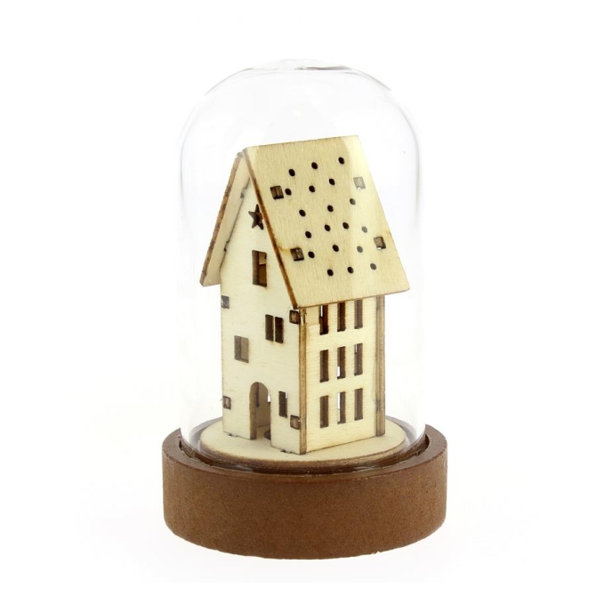 Petite Cloche Lumineuse Maison haute (9 cm) - Verre / Bois 