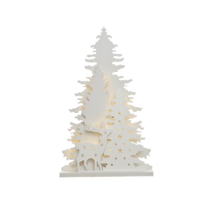 Dcor Lumineux Renne et Sapins Blanc  en bois (25 cm) -  Piles 