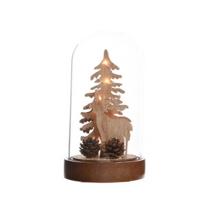 Grande Cloche Lumineuse Rennes Pommes de Pin(18,5 cm) - Verre/Bois