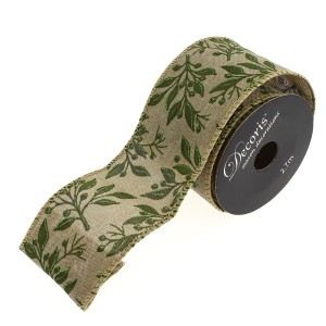 Ruban Large Beige rameaux Verts N4 (2,70 m - 6,3 cm)