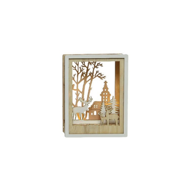 Tableau Lumineux Cerfs et Eglise (15 cm) - Bois 